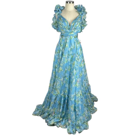 NWT Mac Duggal Blue Ruffled Floral Lace Up Back Cut Out Dress 67803 - Picture 3 of 7